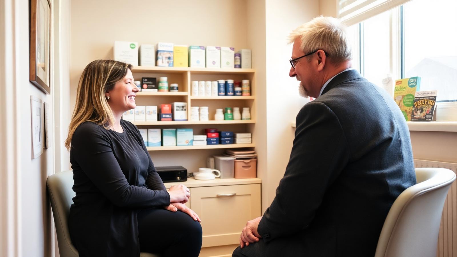 A pharmacist speaking with a patient in the consultation room